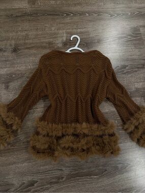 Women's Boho Chic Brown Knit Sweater with Faux Fur Trim - Long Bell Sleeves